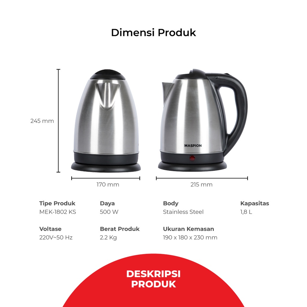 Maspion Mek 1802 KS MEK1802KS MEK-1802KS Electric Kettle Ketel Listrik