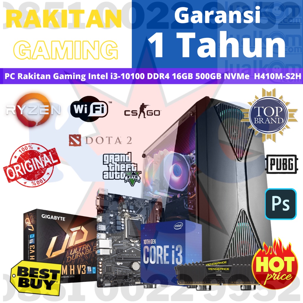 PC Rakitan Gaming Intel i3 - 10100 DDR4 16GB SSD 500GB NVMe H510M H