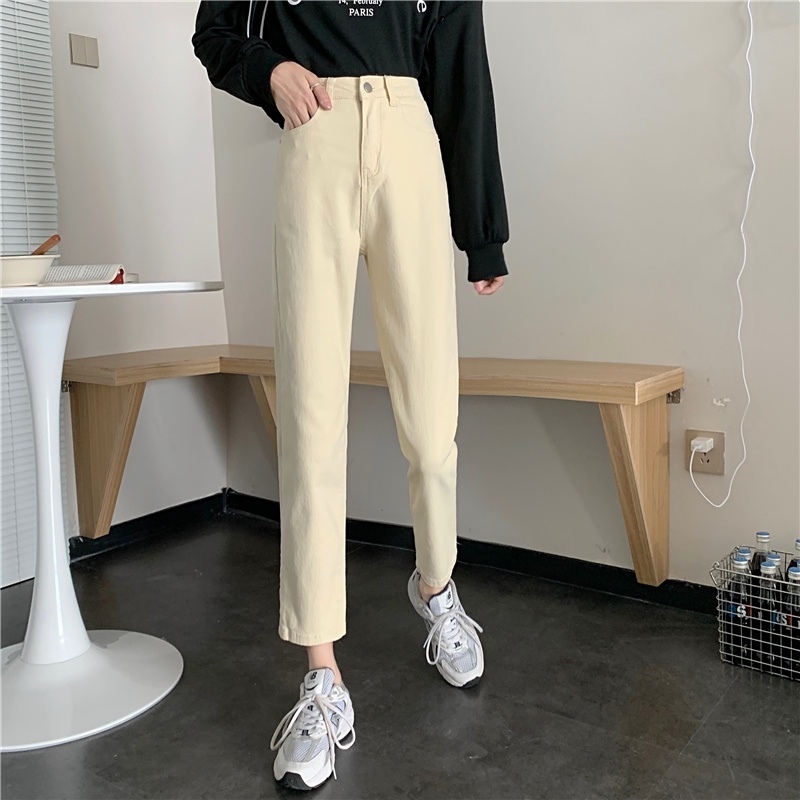 New Korean retro high-waist loose jeans straight-legged wide-legged celana panjang Wanita