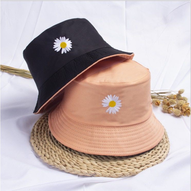 Topi Bucket Korea Bolak Balik Fisherman Lipat Motif Bordir Bunga Daisy Untuk Wanita Dan Pria