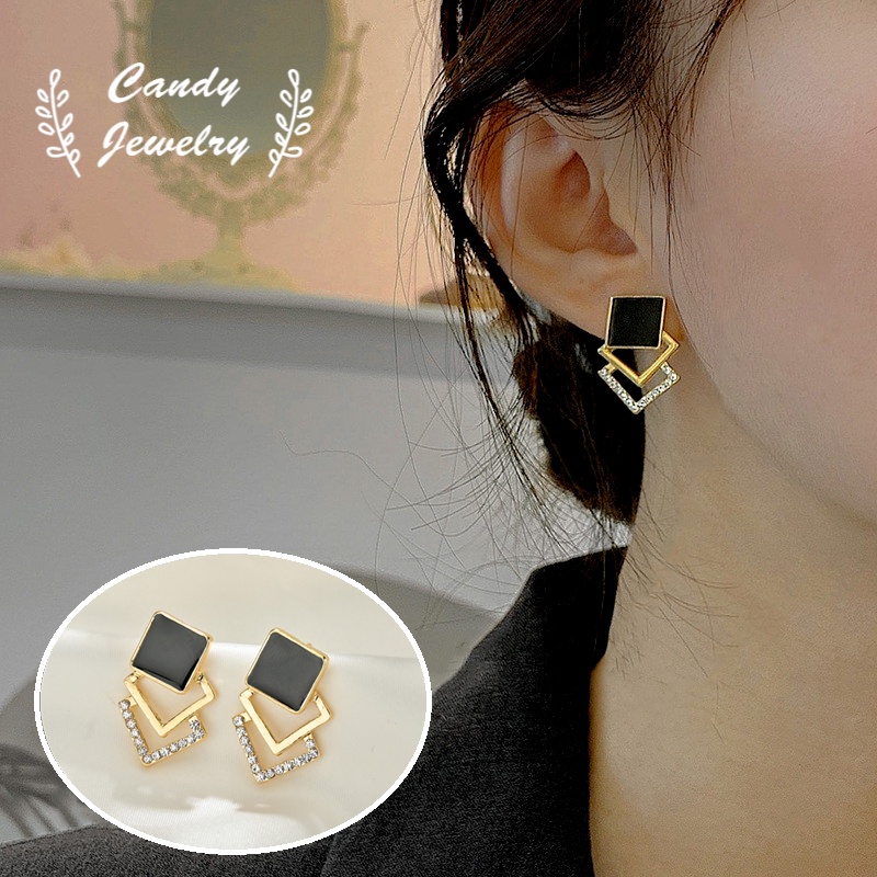 Anting Tusuk Sterling Silver 925 Desain Geometri Persegi Hias Berlian Imitasi Warna Permen Untuk Wanita