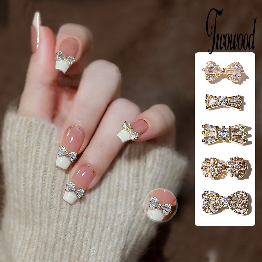 5 Pcs Ornamen Kuku 3D Bentuk Pita Bahan Zirkon Anti Karat Untuk Dekorasi Nail Art