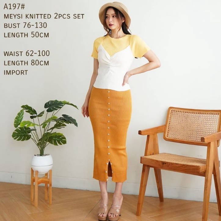 A197BC Stelan 2in1 Baju atasan lengan pendek set rok rajut Midi skirt Korean style wanita import mur
