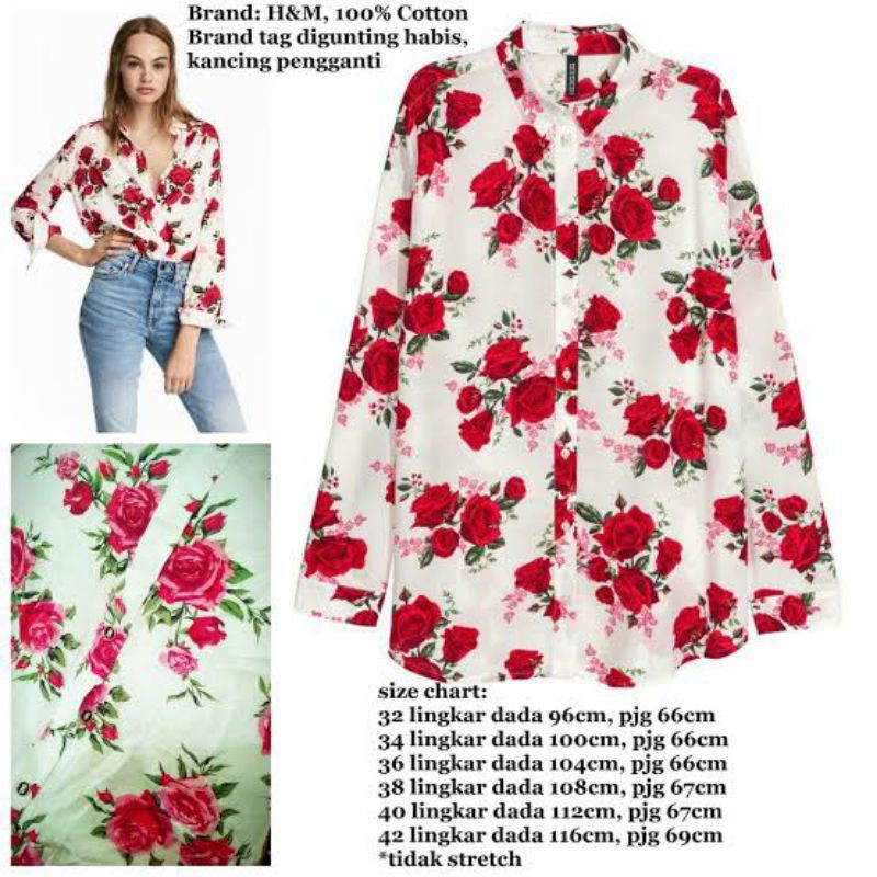H&M Shirt Kemeja Blouse Floral Red White Wanita women Original
