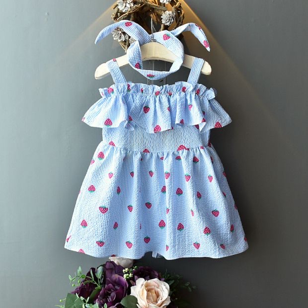 Dress Anak Perempuan Ruffle Tanpa Lengan Motif Strawverry+Gratis Bandana