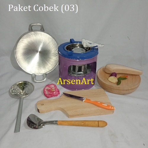 Kitchen Set - Paket Cobek 03 Mainan Masak Masakan Jaman Dulu Kompor Mini BB Minyak atau Spirtus Bisa Pilih Isi 7 Barang Warna Kompor Random