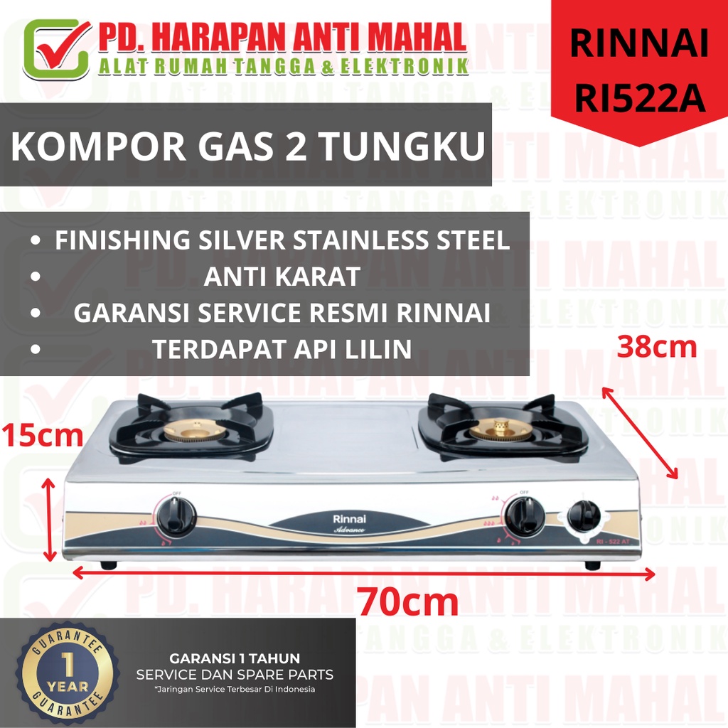 KOMPOR GAS RINNAI  2 TUNGKU RI522A / KOMPOR GAS 2 TUNGKU / RINNAI 2 TUNGKU
