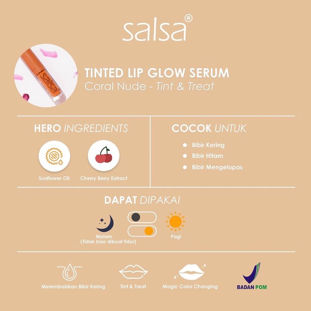 SALSA Lip Glow Serum Indonesia / Serum Bibir Lippie Gloss Tinted Colour Moisturizing 3gr / Coral Nude Twilight / Lipstick Lipstik Cream Matte Gincu Tint Velvet Stain Liner Plumper Perawatan Pelembab Pencerah / Cosmetic Eyebrow Eyeliner Mascara Paket Wajah