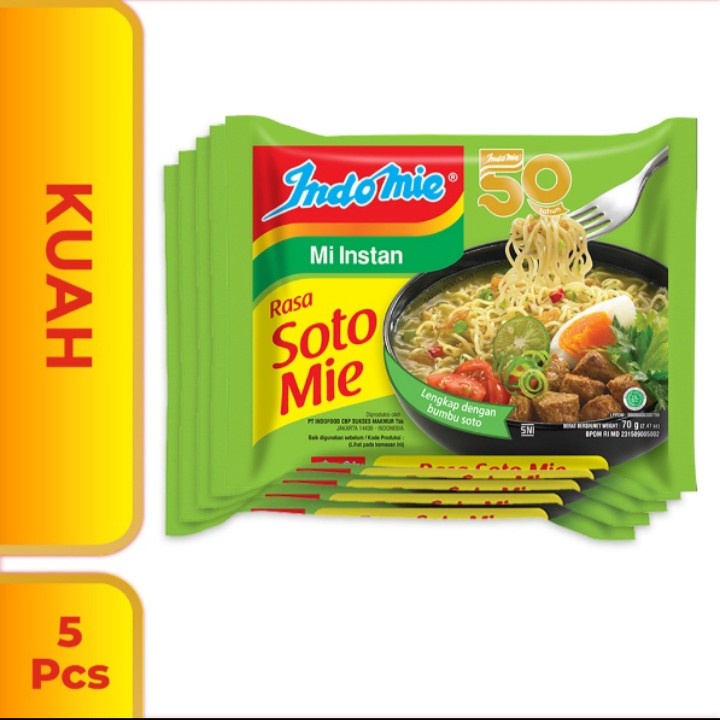 

Indomie rasa kuah soto 5 pcs (Paket Hemat)