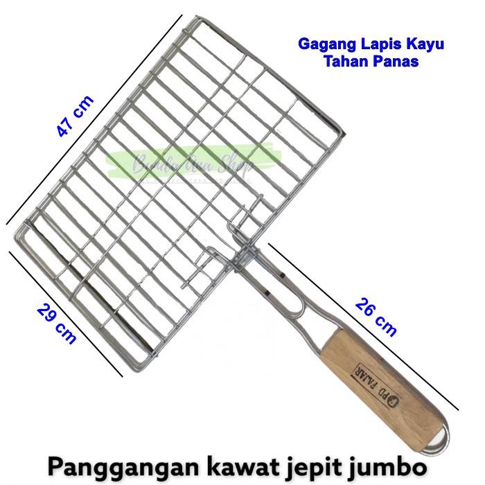 Panggangan Ikan Ukuran Jumbo Gagang Kayu Pemanggang daging ayam sate Alat panggang jepit buah Kuat b