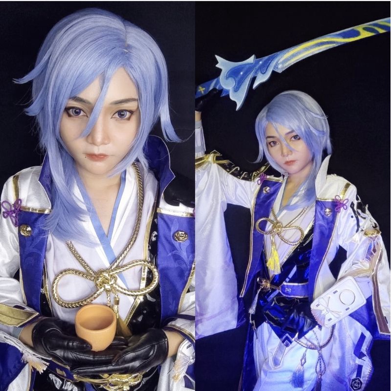 [ RENTAL ] Ayato Kamisato Genshin Impact Cosplay Kostum Brand Gimeng Size M Wig Manmei Sepatu Size 4