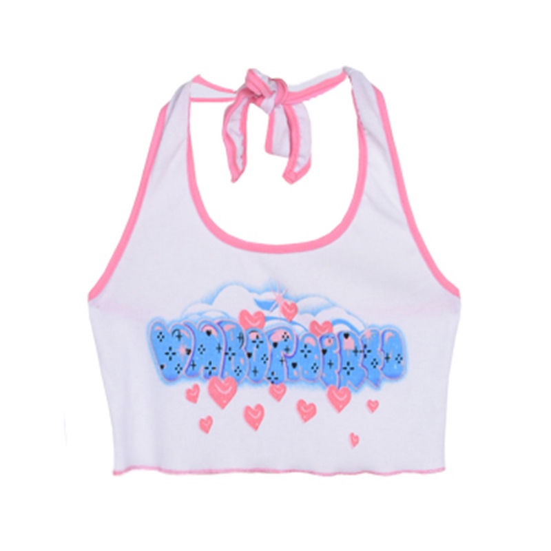 Halter neck kamisol kecil wanita musim panas di luar pakaian manis saya gaya pendek baru dengan atas