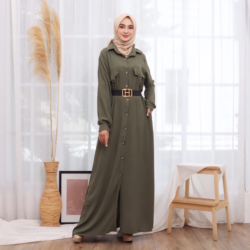 GAMIS CRINKLE MAXI POLOS LEBARAN SABIRA KANCING JUMBO POLOS FREE BELT MEWAH EID ACARA PGMTA