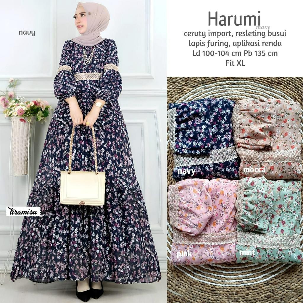 HARUMI DRESS / 20.7 / BAHAN CERUTY FULL FURING / LD 100-104 CM / PB 135 CM / DRESS WANITA / FIT M-XL / ALLSIZE JUMBO / TIRAMISU