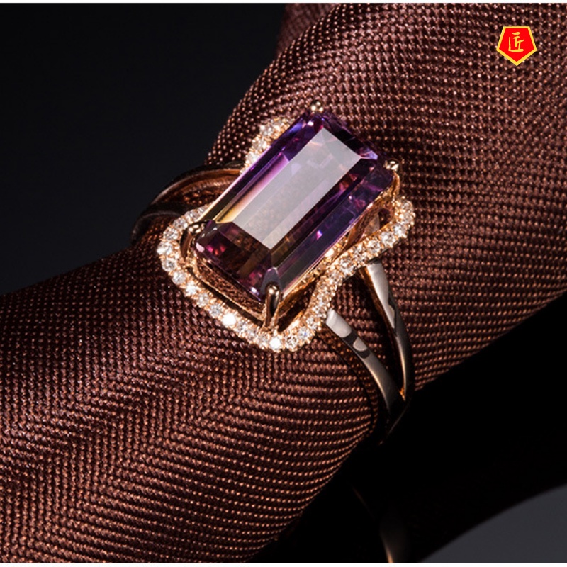 [Ready Stock]Ametrine Tourmaline Colored Gems Women's Ring 18K Rose Gold Elegant Fashion