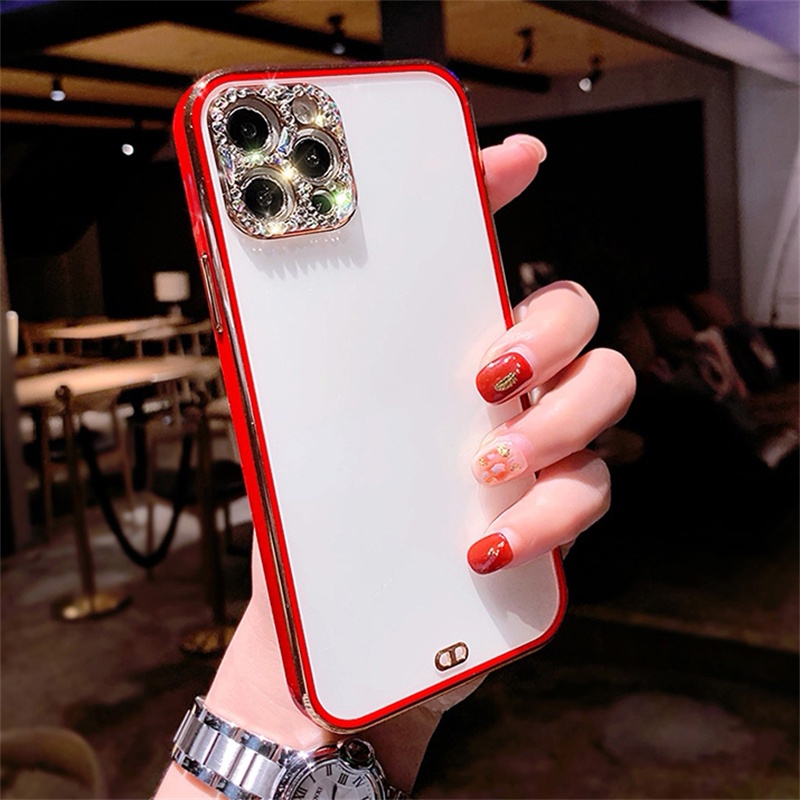 Soft Case Transparan Frame Electroplated Glitter Berlian Kamera Untuk iPhone 13 12 11 Pro X XS Max Mini XR SE2 7 8 Plus