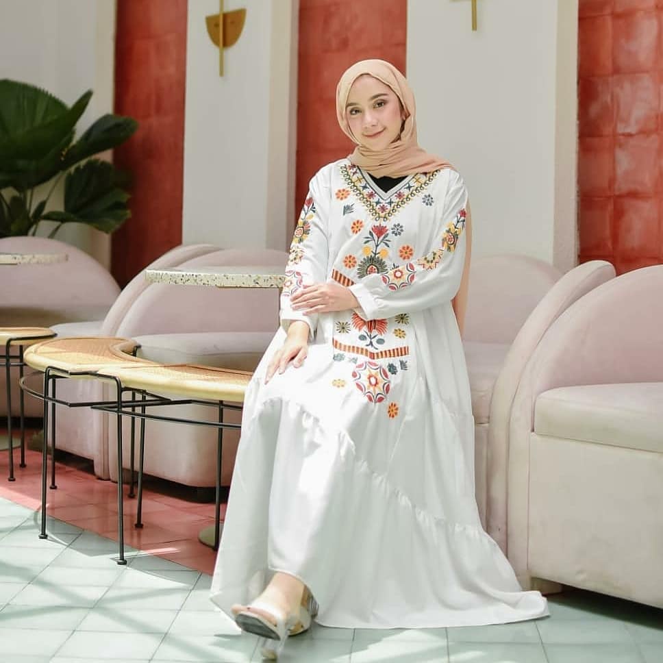 Ramadhani Dress Gamis Putih Bordir M-XXXL Jumbo Gamis Bordir Turki Gamis Bordir Bunga gamis Lebaran