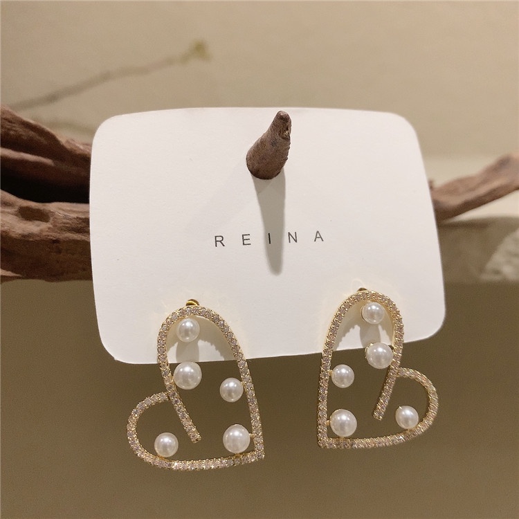 Anting Stud 925 Silver Needle Bentuk Hati Aksen Mutiara Gaya Korea Untuk Wanita