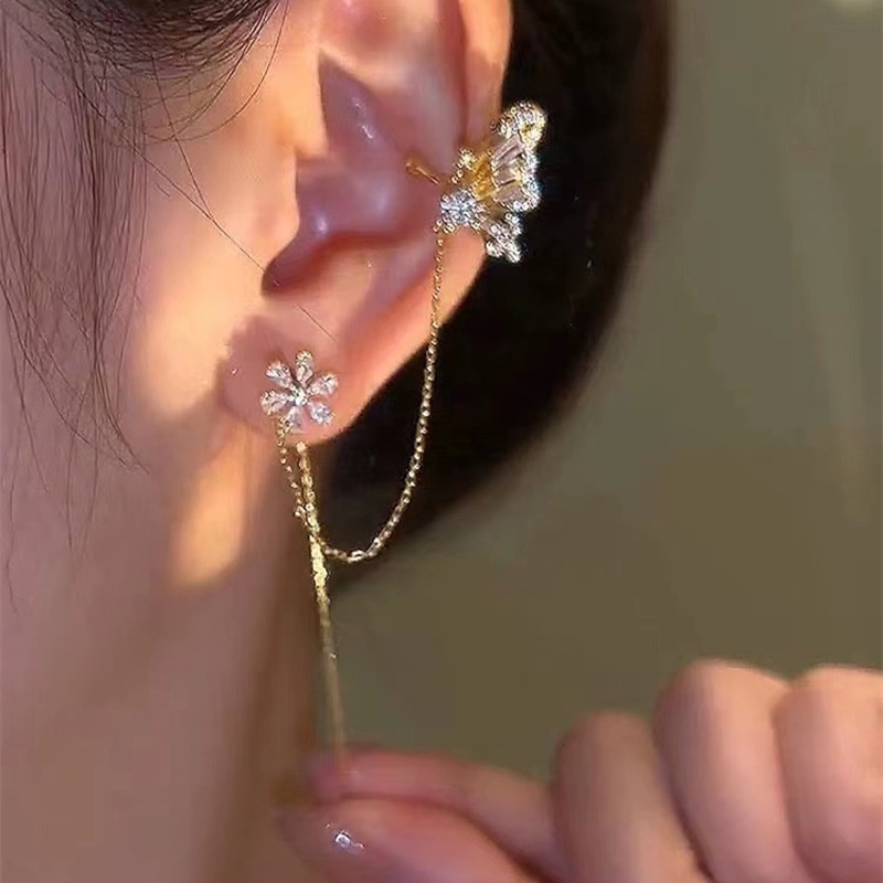 Anting Rumbai Desain Bunga Kupu-Kupu One Piece Aksen Berlian Zircon Gaya Korea Untuk Wanita