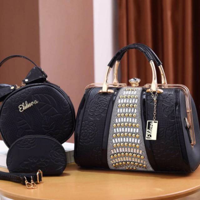 ELDORA 2222 - 53 tas branded set 3in1 handbag behel cantik emboss flowers mutiara tas batam murah