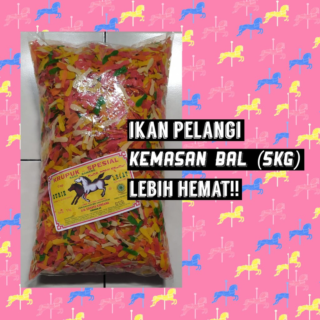 

KERUPUK BAWANG BENTUK IKAN WARNA WARNI MERK KUDA KEMASAN BAL