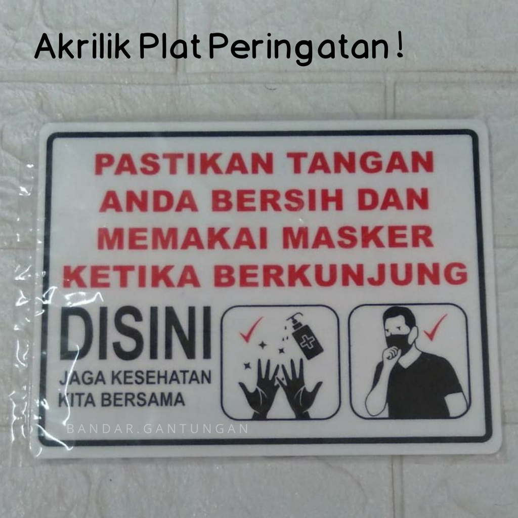 Akrilik Plat Papan Sign Cuci Tangan Plat Rambu Peringatan Memakai Masker Cuci Tangan - BH