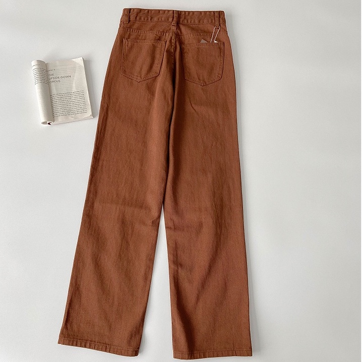 Korean Warna Coklat Highwaist Celana Kulot Jeans Wanita Kekinian（realpict）