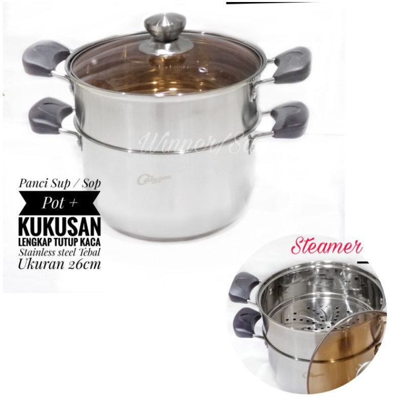 A1 Ready Stock Dandang Panci Kukus 2 Tingkat Steamer Pot Stainless Steel 20cm 22cm 24cm Dan 26cm