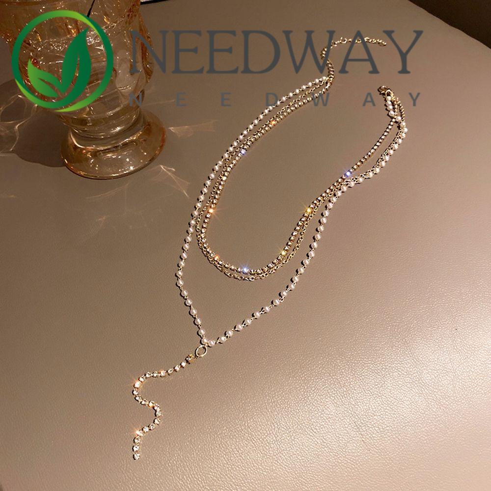 Kalung Rantai Klavikula Berlian Mutiara Banyak Lapis Bentuk Y Gaya Retro Korea Untuk Wanita