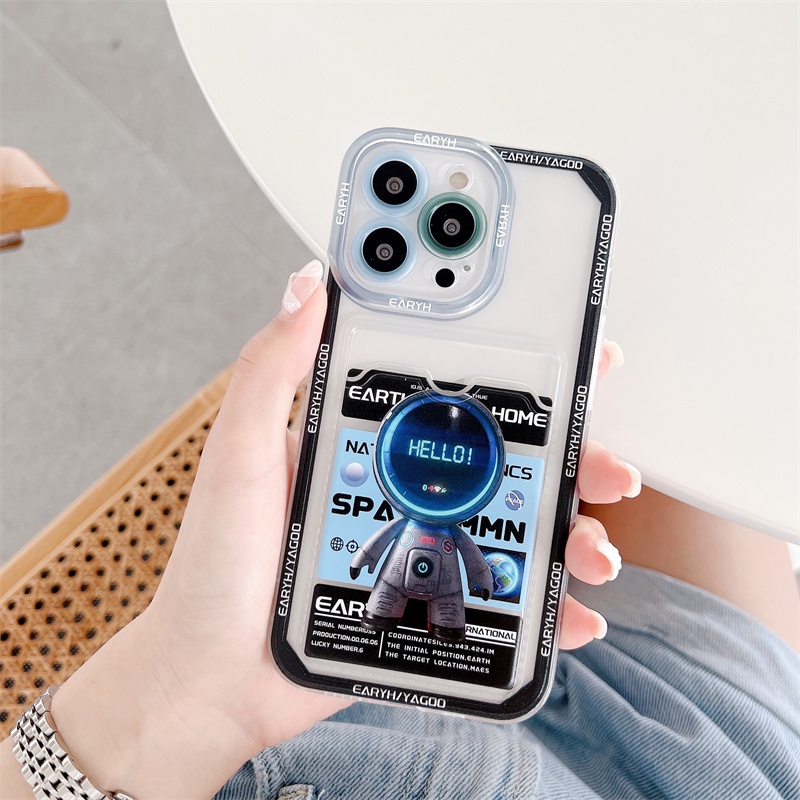 Soft Case Pelindung Lensa Transparan Desain Astronot Kartu Untuk iPhone 12 13 Pro MAX 11 X XR XS MAX 7 8 Plus