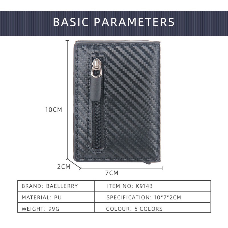 ORIGINAL BAELLERRY K9143 DOMPET KARTU LONTAR RFID DENGAN MAGNET DAN ZIPPER KOIN MOTIF CARBON FIBER