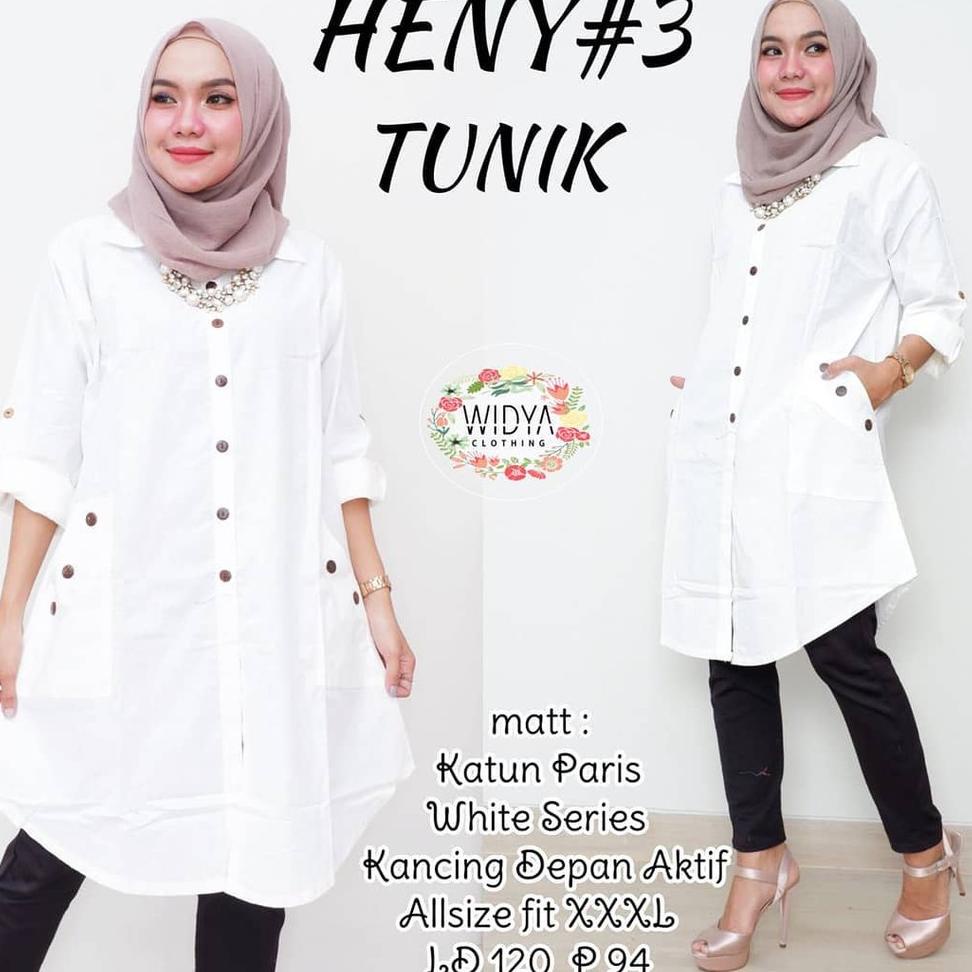 PSE.22Jn22ᴾ - Tunik JUMBO Wanita Muslimah PUTIH HENY Full Kancing LD 120 Size XXL Baju Atasan Katun 
