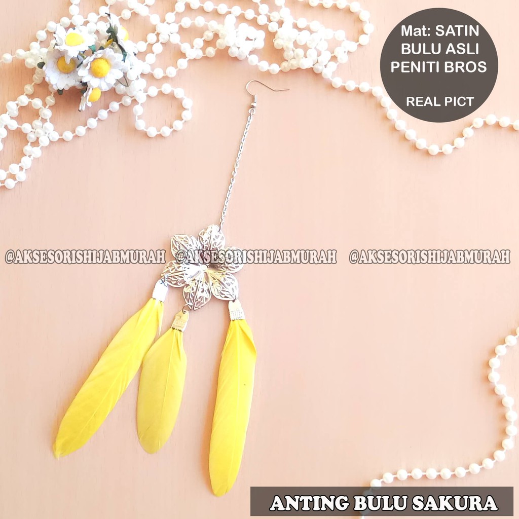anting bulu bunga sakura bulu ayam polka juntai asli anting hijab jilbab