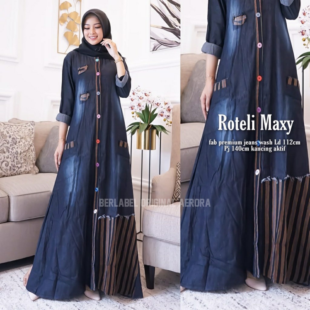 Baju Gamis Jeans Jins Denim Wanita Terbaru 2023 Dress Modern Kondangan Busui Kekinian Kombinasi Salur Cantik Ld 112 P 140 Roteli Maxy