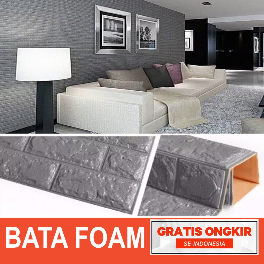 Wallpaper Dingding 3D Foam Motif Batu Bata /  Dekorasi Dinding Kamar Murah-FOAM BATA ABU 77CM