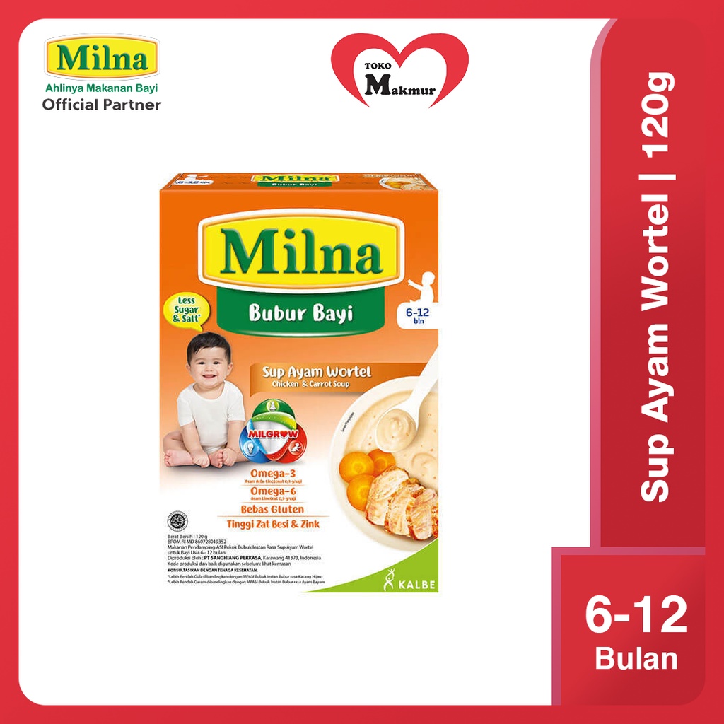 Milna Bubur Bayi 6+ Beras Merah - Sup Ayam Wortel - Tim Hati Ayam Bayam - Sup Daging Brokoli - Labu 120 Gram / Toko Makmur Online