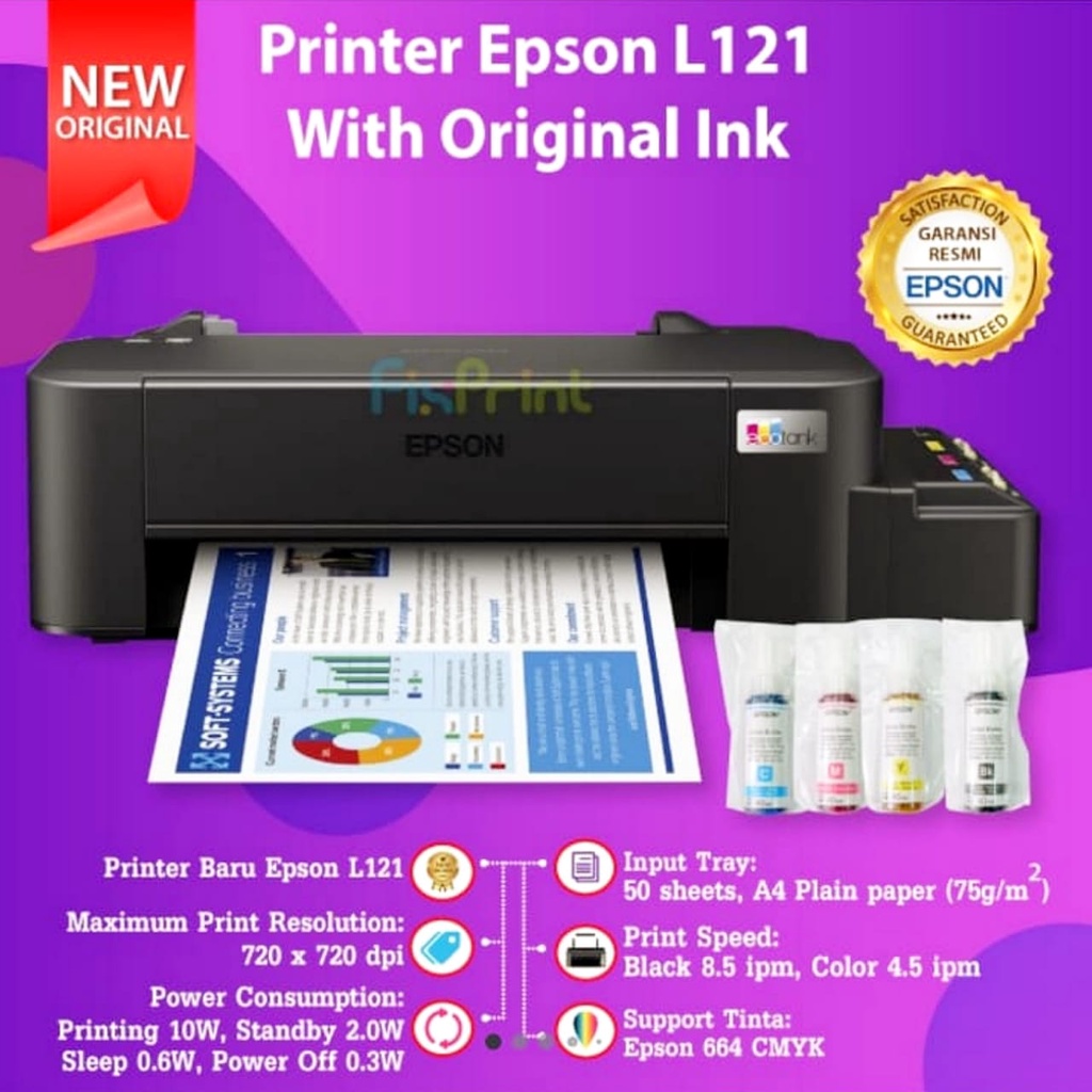 Printer Epson Ecotank L121 L-121 A4 New Original Inktank 664 Pengganti L120 Print Only