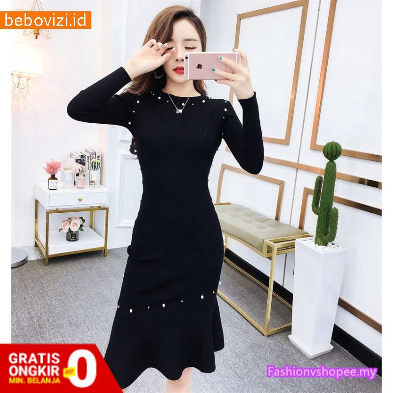Bodycon Dress Midi Wanita Model Lengan Panjang Dan Bahan Rajut Untuk Pesta Cocktail Club