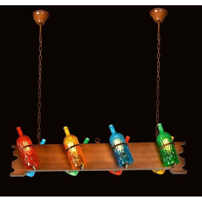 Lampu gantung hias cafe mini bar karoeke WINE BOTTLE RACK 8 ARMS matrial besi kayu botol kaca pendan