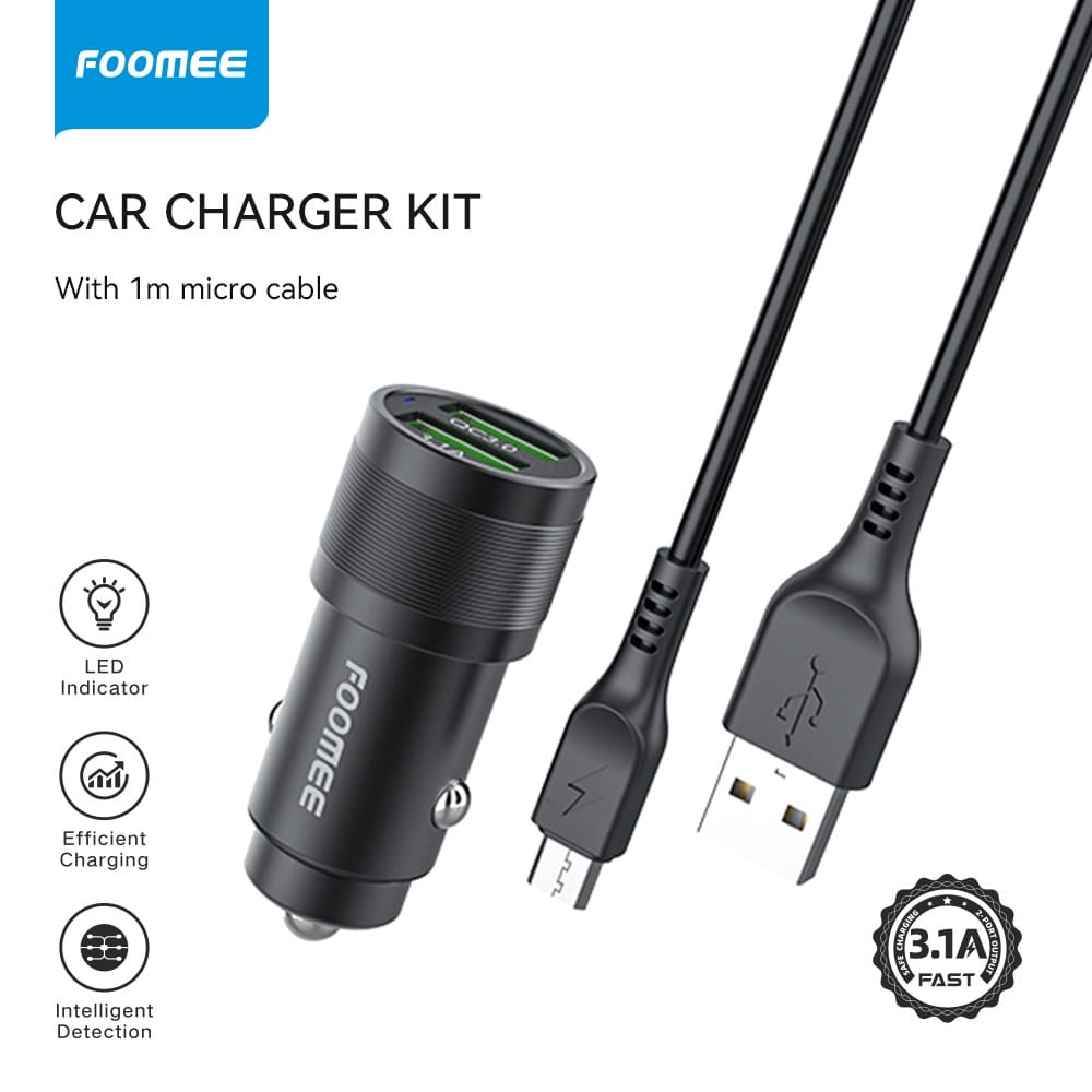 A   FOOMEE BA13 Car Charger Kit Quick Fast Charging 3.1A Set Cable Micro 1M