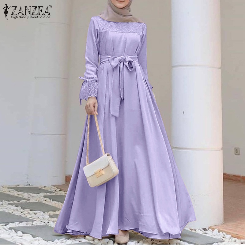 ZANZEA Women Fashion Flare Long Sleeve Solid Color Lace Patchwork Muslim Dress