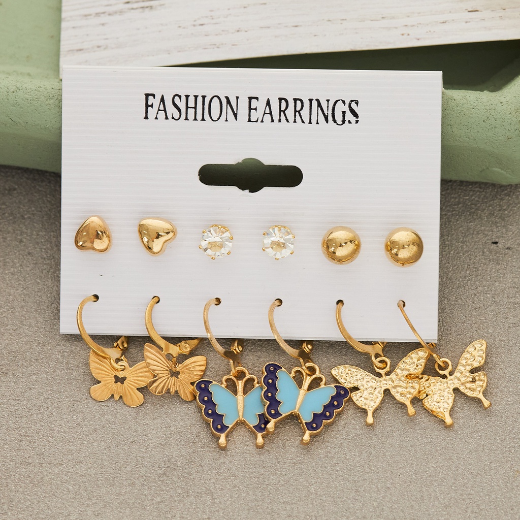 5pcs / 6pcs / set Anting Klip Telinga Kombinasi Desain Kupu-Kupu hollow Hias Mutiara Imitasi Untuk Pria / Wanita butterfly