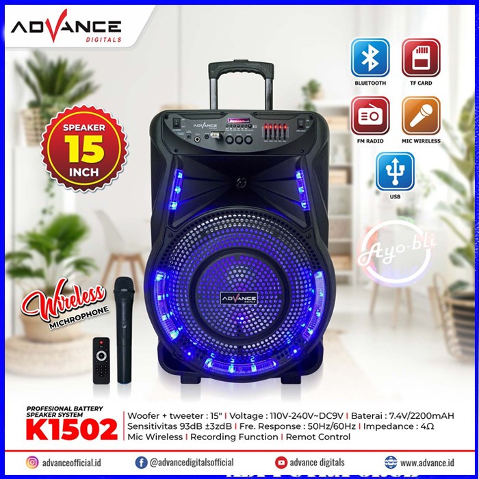 Advance K1502 / K-1502 Speaker Bluetooth Portable 15 Inch FREE Mic [GARNSI 1TAHUN RESMI]