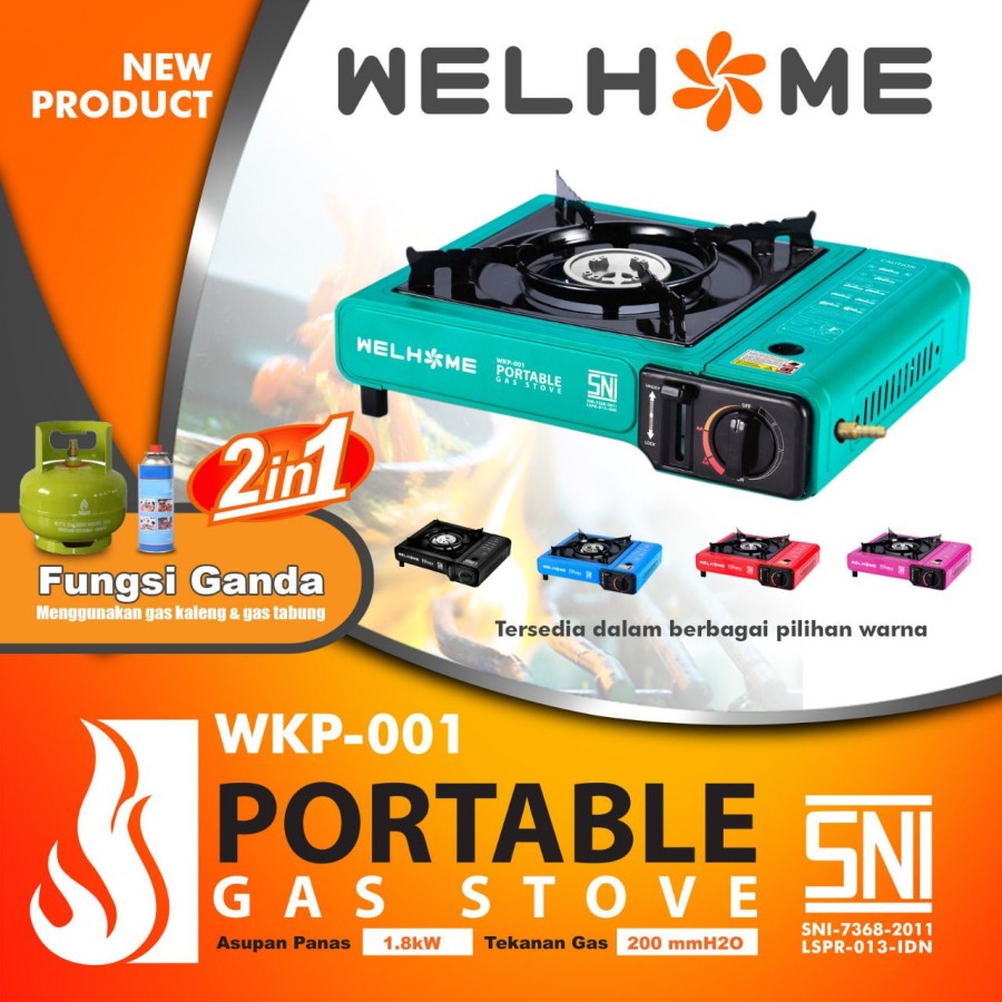 PAKET Kompor Gas Portable Welhome 2in1 + GRILL BBQ KOTAK + GAS KALENG 2pcs