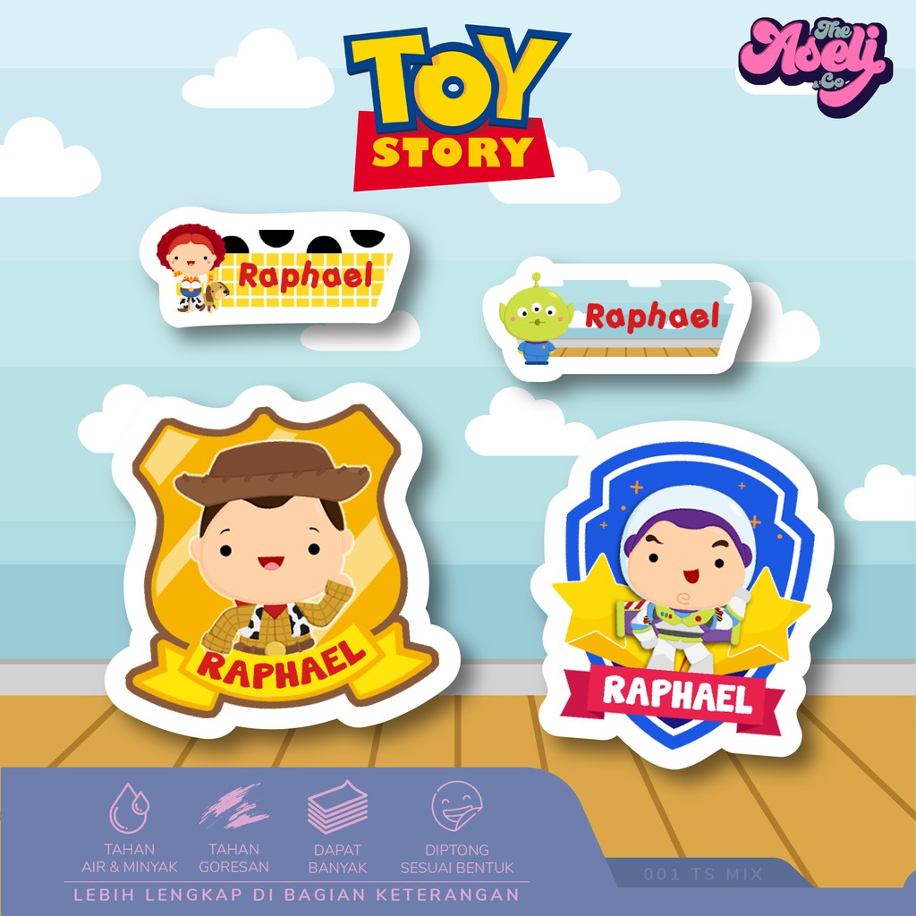 

STIKER LABEL NAMA WATERPROOF TEMA TOY STORY, KOBOI