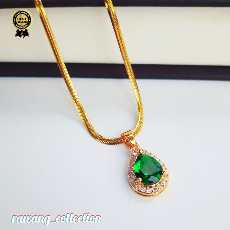 kalung titanium gold belut plus liontin permata hijau