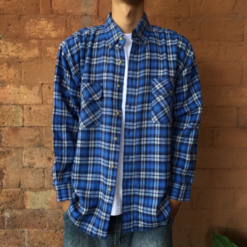 kemeja flanel wool outer dua saku motif veterano vintage