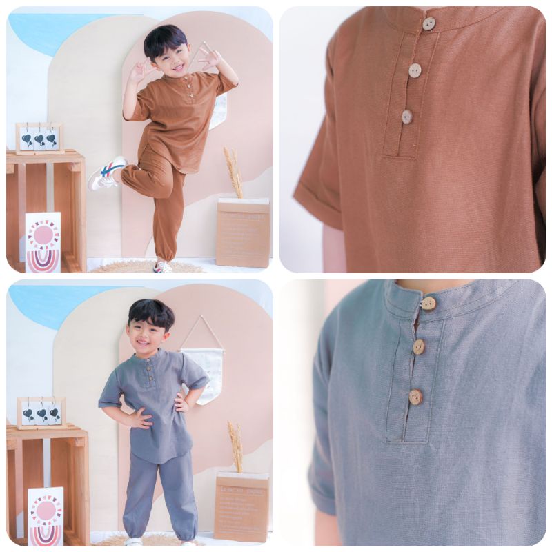 Setelan Baju Koko Adam Anak Bahan Linen Adem / Set Koko Adam Size 12345Y