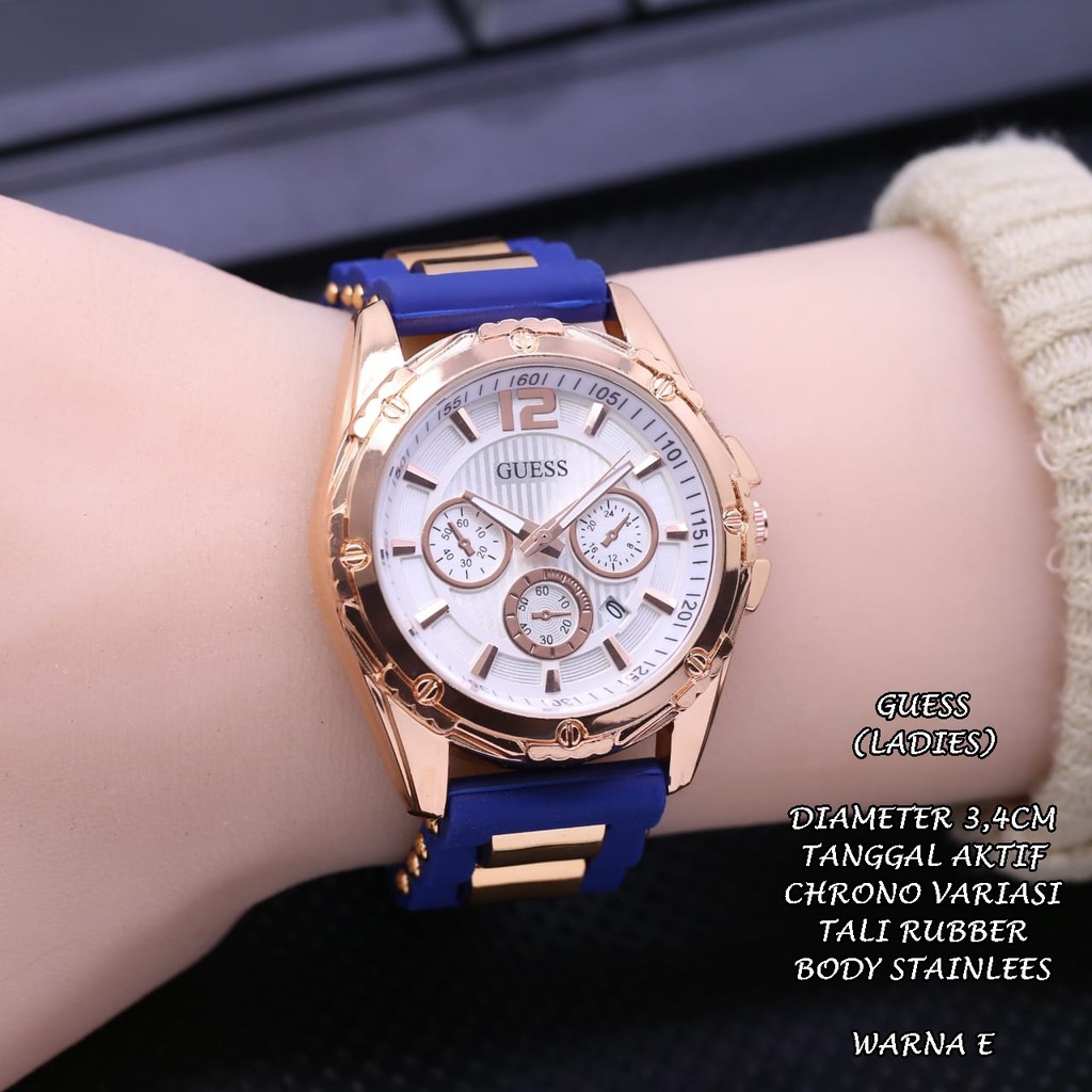 (BISA COD) JAM TANGAN WANITA GUESS TALI RUBBER BODY BULAT TANGGAL AKTIF CHRONO OFF