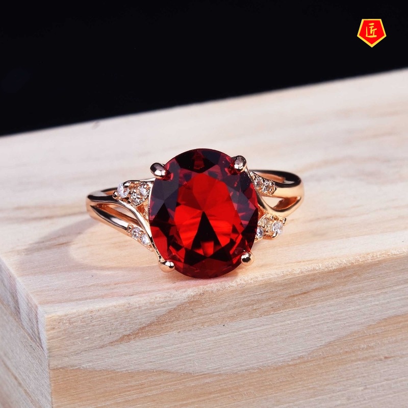 [Ready Stock]Oval Red Tourmaline Gemstone Open Ring Elegant Personality